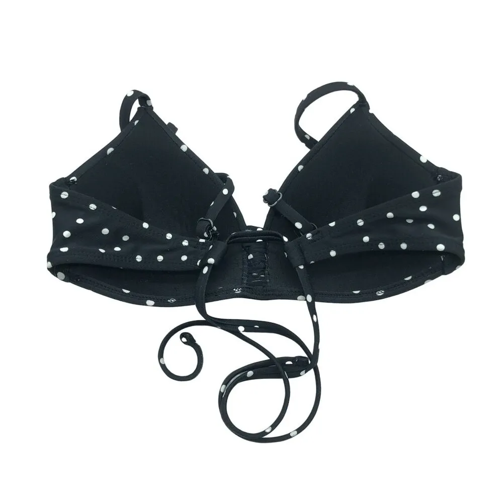 No Boundaries Bikini Top Molded Cups Padding String Ties Polka Dot Black White S - Image 2