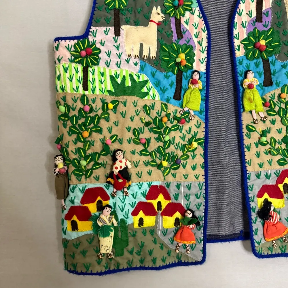 Handmade Folk Art Vest Arpillera Embroidery South America Vintage Peruvian Large Blue - Image 3