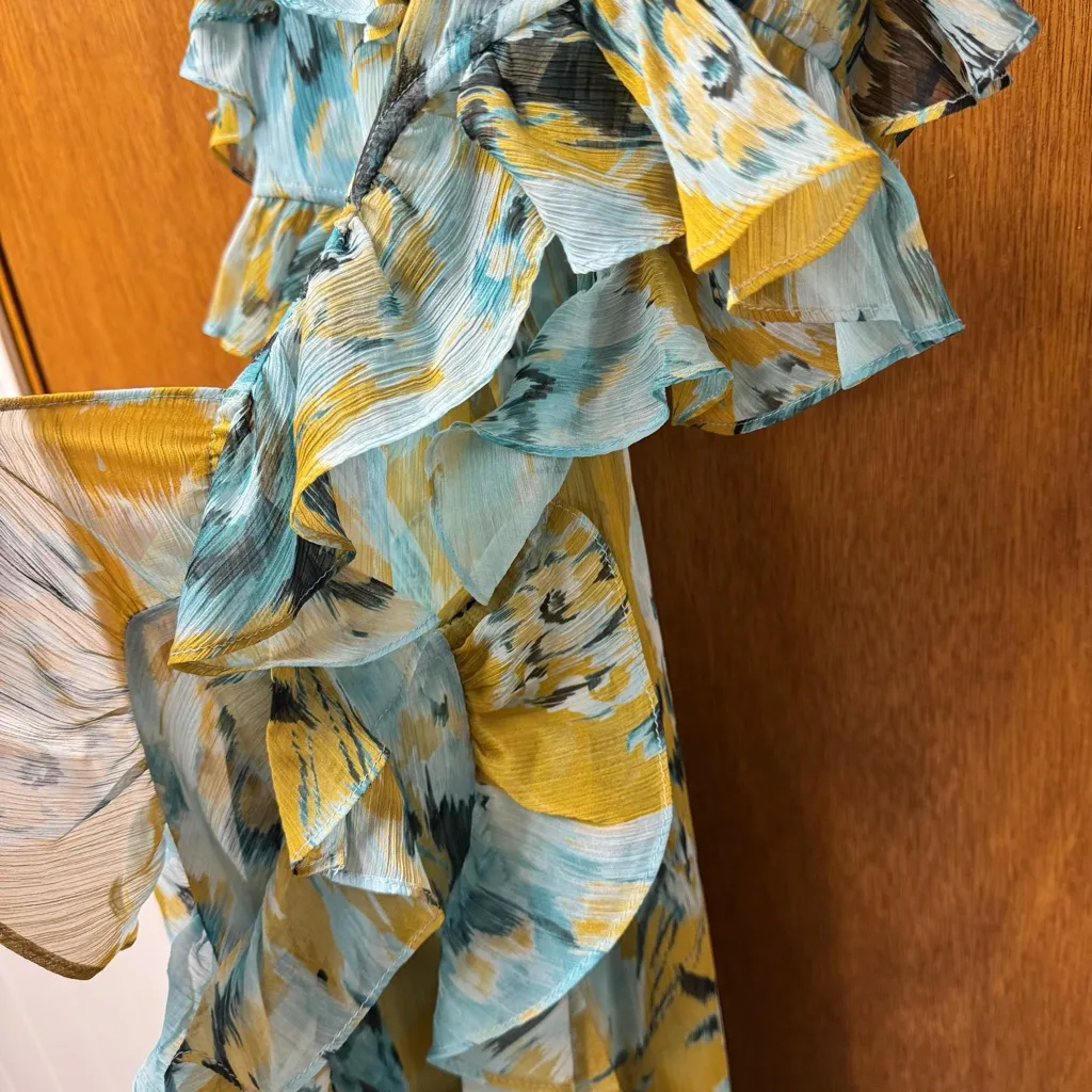 MISA Los Angeles Alessandra Sleeveless Ruffle Midi Dress Blue Yellow Medium - Image 11