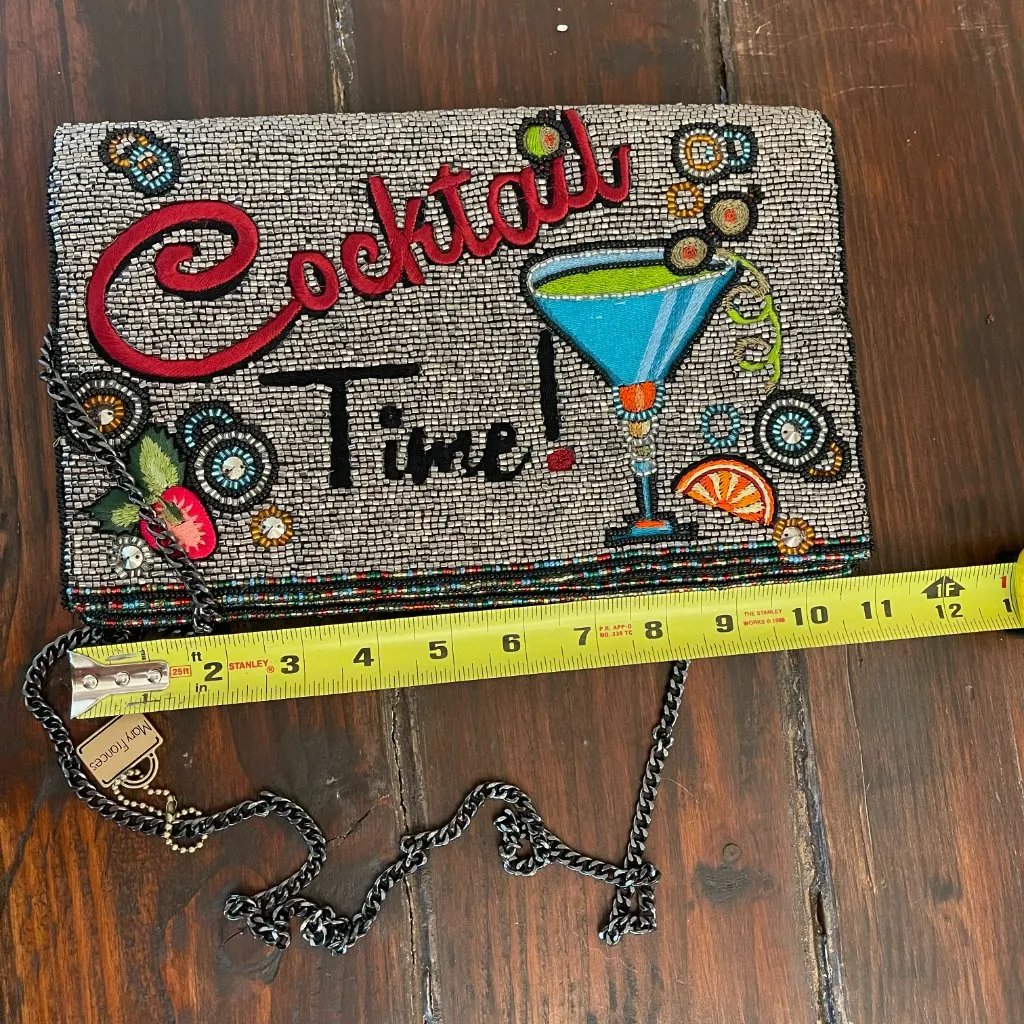 Mary Frances Cocktail Time Beaded Blue Martini Clutch Bag Purse Silver - Image 6
