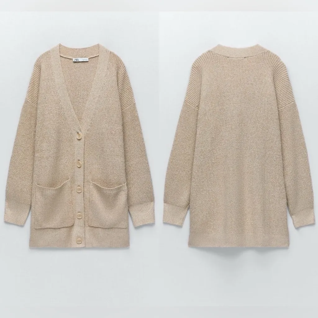 Zara Women's Elegant Beige Knit Cardigan Sweater S - Image 3