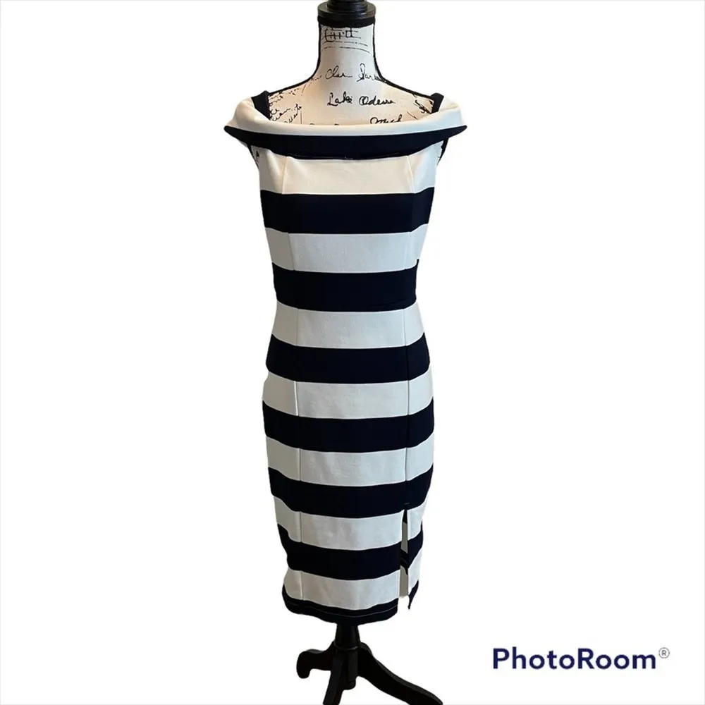 Dance & Marvel Bodycon Off Shoulder Dress Navy Blue White Size Large Stripe - Image 2