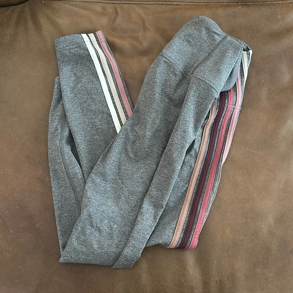 Lulu Lemon Gray Purple, Pink, & White Striped Leggings - Image 6