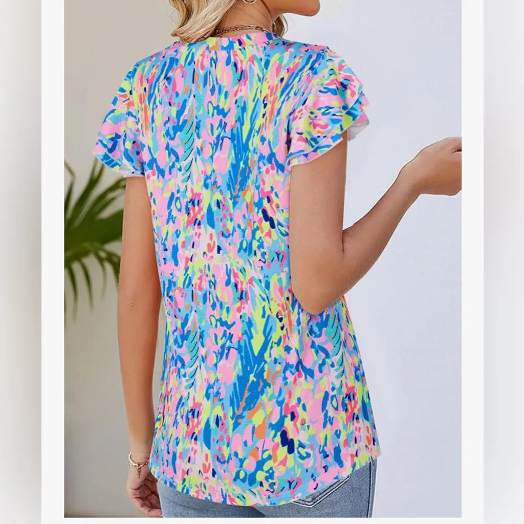 NEW Short Sleeve Pleated Crewneck Casual Blouse Colorful Shirt XL Blue - Image 2