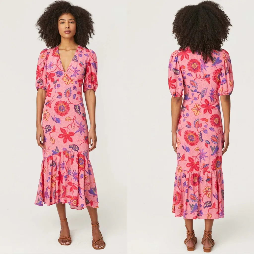 NWT Rhode Ester Pink Floral Print Puff Sleeve V Neck Midi Flounce Hemline Dress Size 4 - Image 5