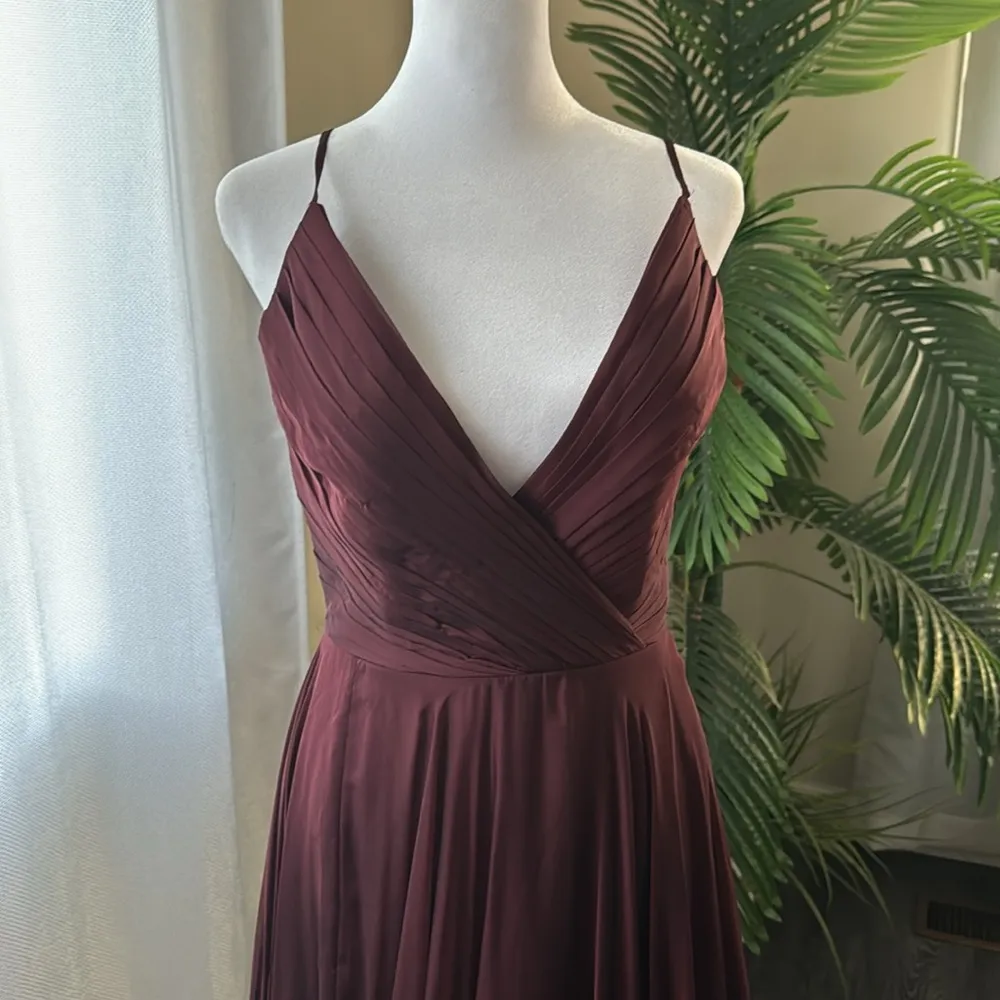 La Femme - 28611 Pleated V-Neck Chiffon High Slit Dress, Wine, Size 2, $448 - Image 7