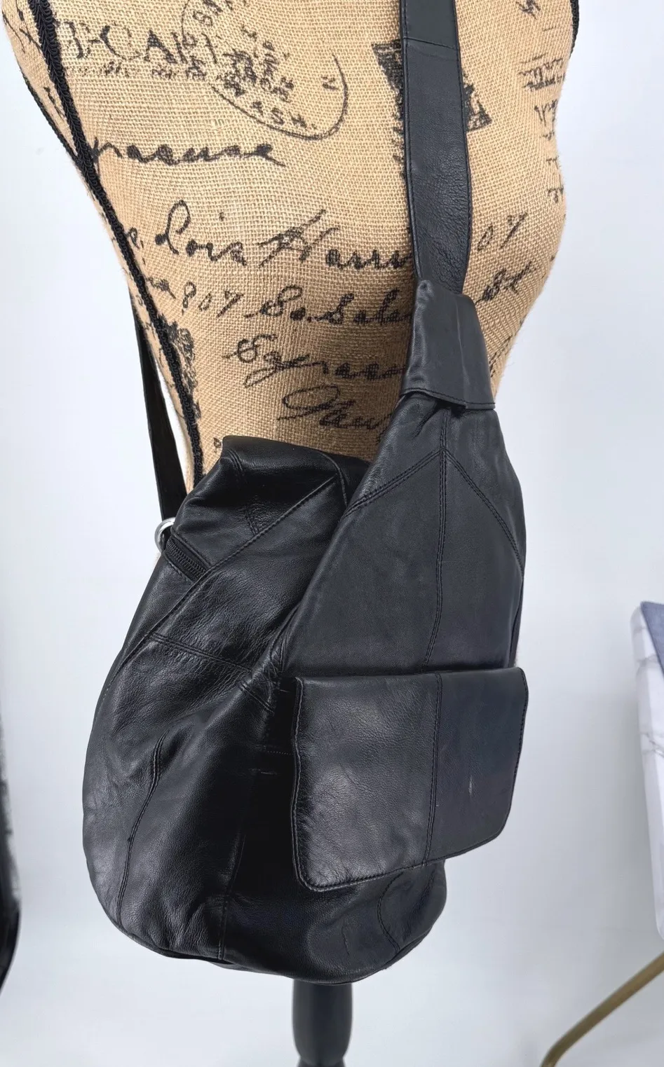 Black Leather Patchwork Sling Backpack Bag Unisex Travel Gender Neutral Classic - Image 1