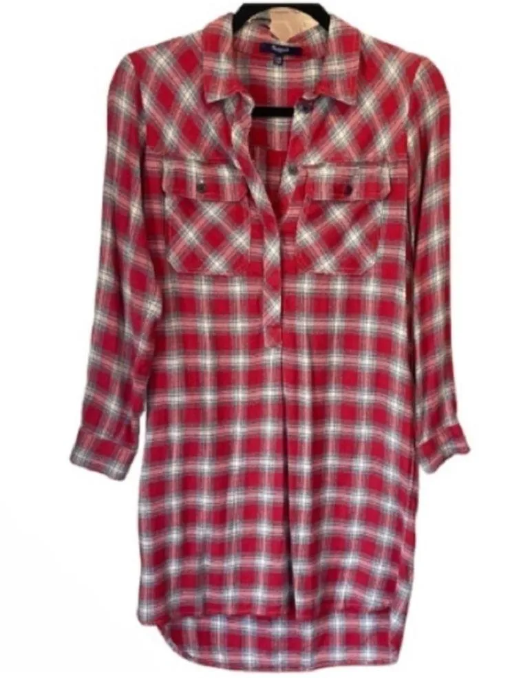 Madewell flannel dress plaid soft cozy pockets xxs oversized fall wear red gray‎ - Image 2
