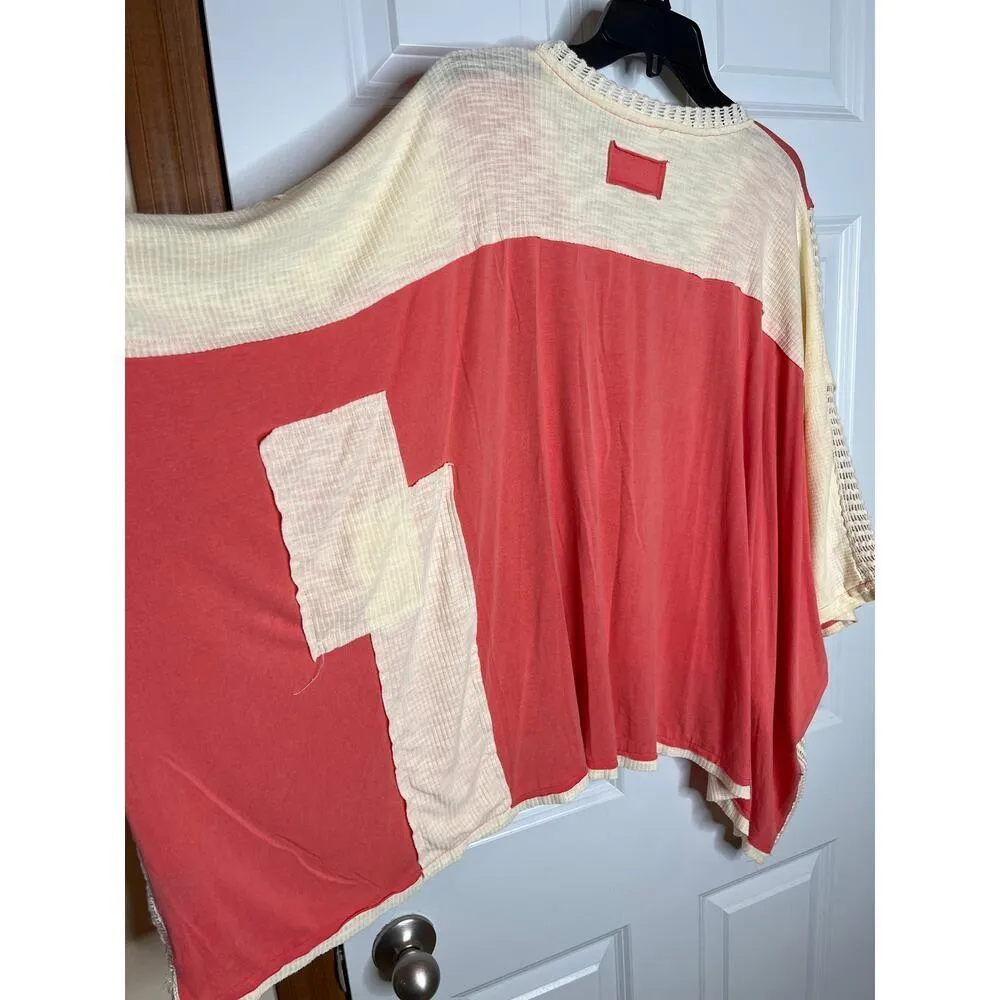 POL High Low Contrast V Neck Salmon Pink and Cream Open Knit Top Large BOHO - Image 5