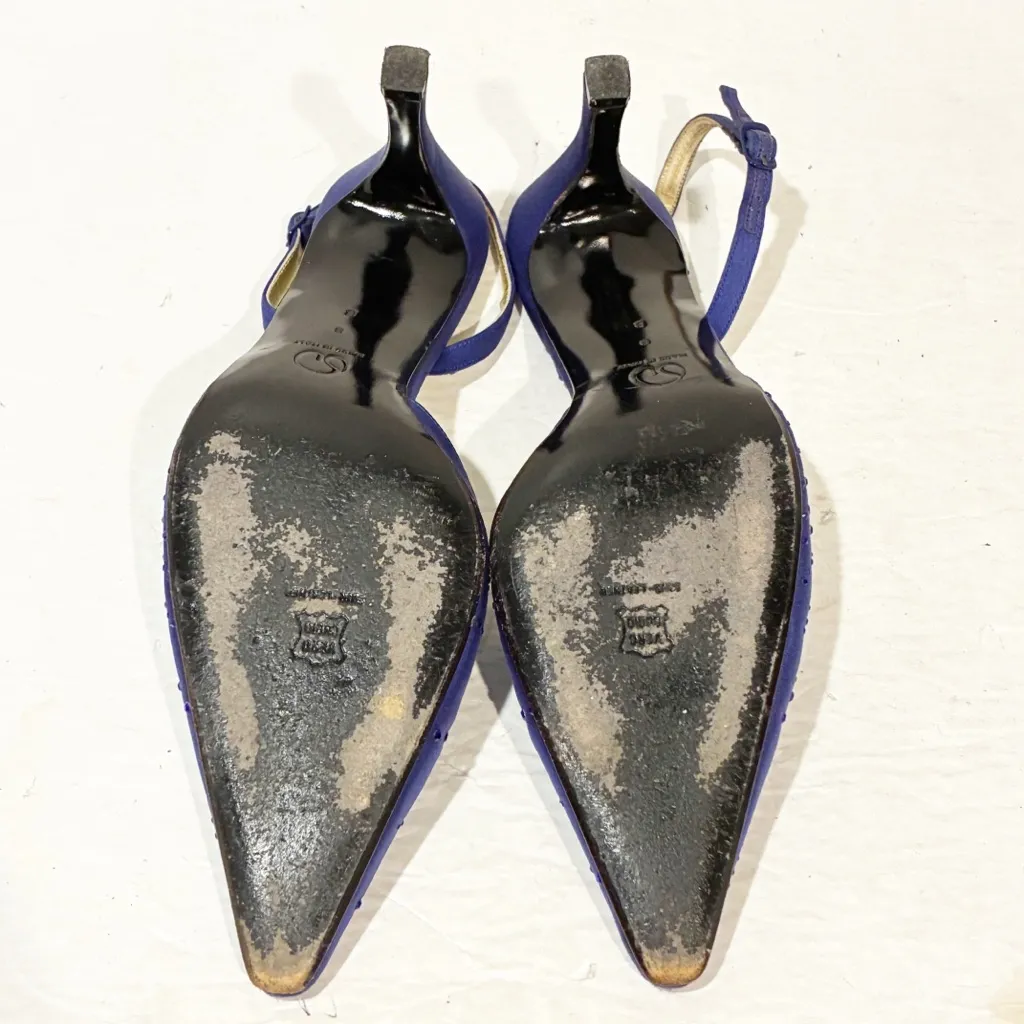 ST. JOHN Sapphire Blue Satin Size 8 Sling Backs ITALY Jeweled Pump Shoe - Image 4