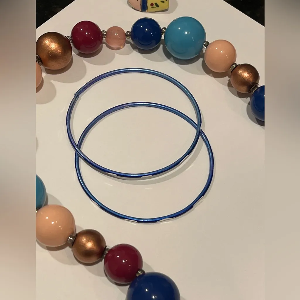 Colorful Jewelry Set beaded necklace Metal bangle bracelet heart pin vintage - Image 2