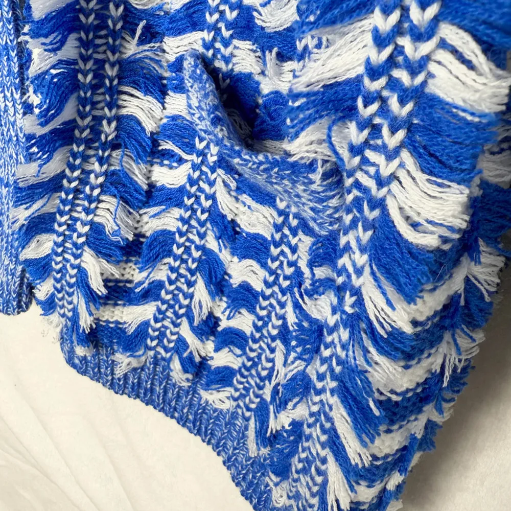 Open Front Striped Fringe Cardigan Sweater Small Medium Blue White - Image 5