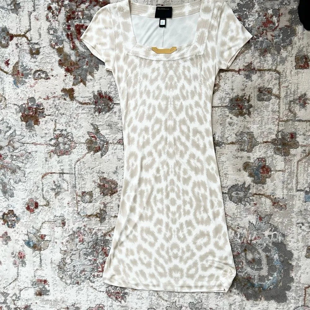 Class Roberto Cavalli Beige Cream Animal Print Dress Size 8 Leopard Short Sleeve Tan - Image 6