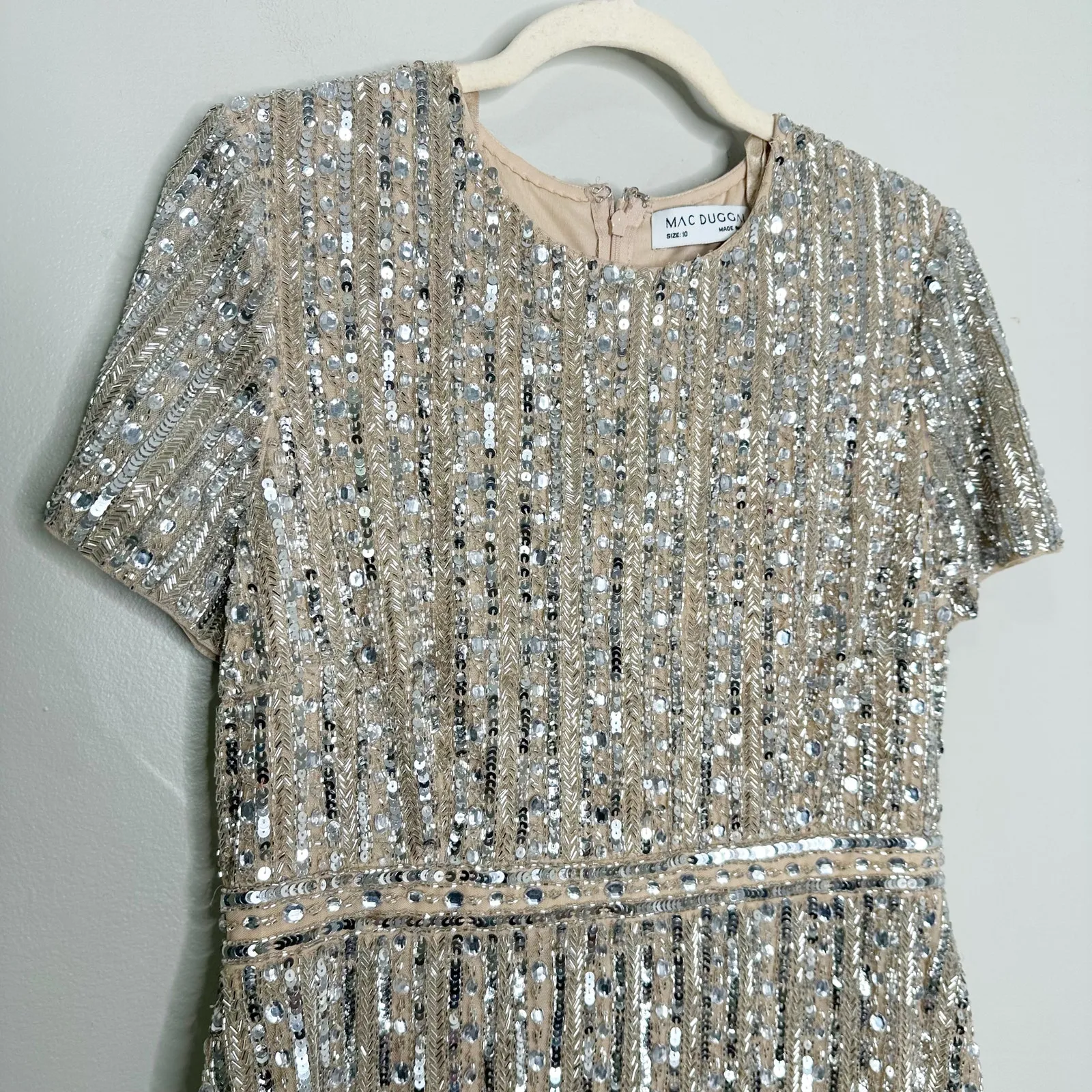 Mac Duggal 93289 High Neck Short Sleeve Embellished Silver Gown 10 NEW - Image 5