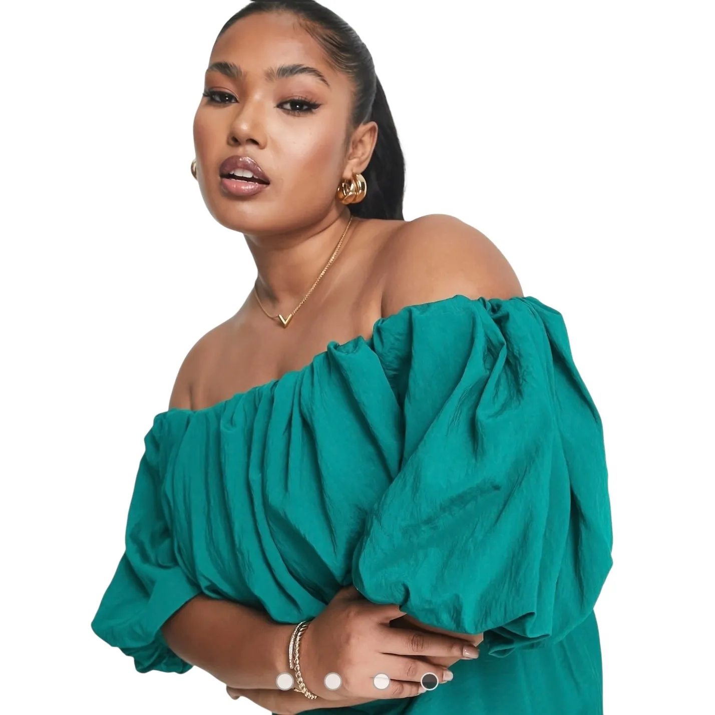 ASOS NWT Design Curve Emerald Green‎ MIDI Dress Off Shoulder Puff Sleeve 18 Green - Image 4