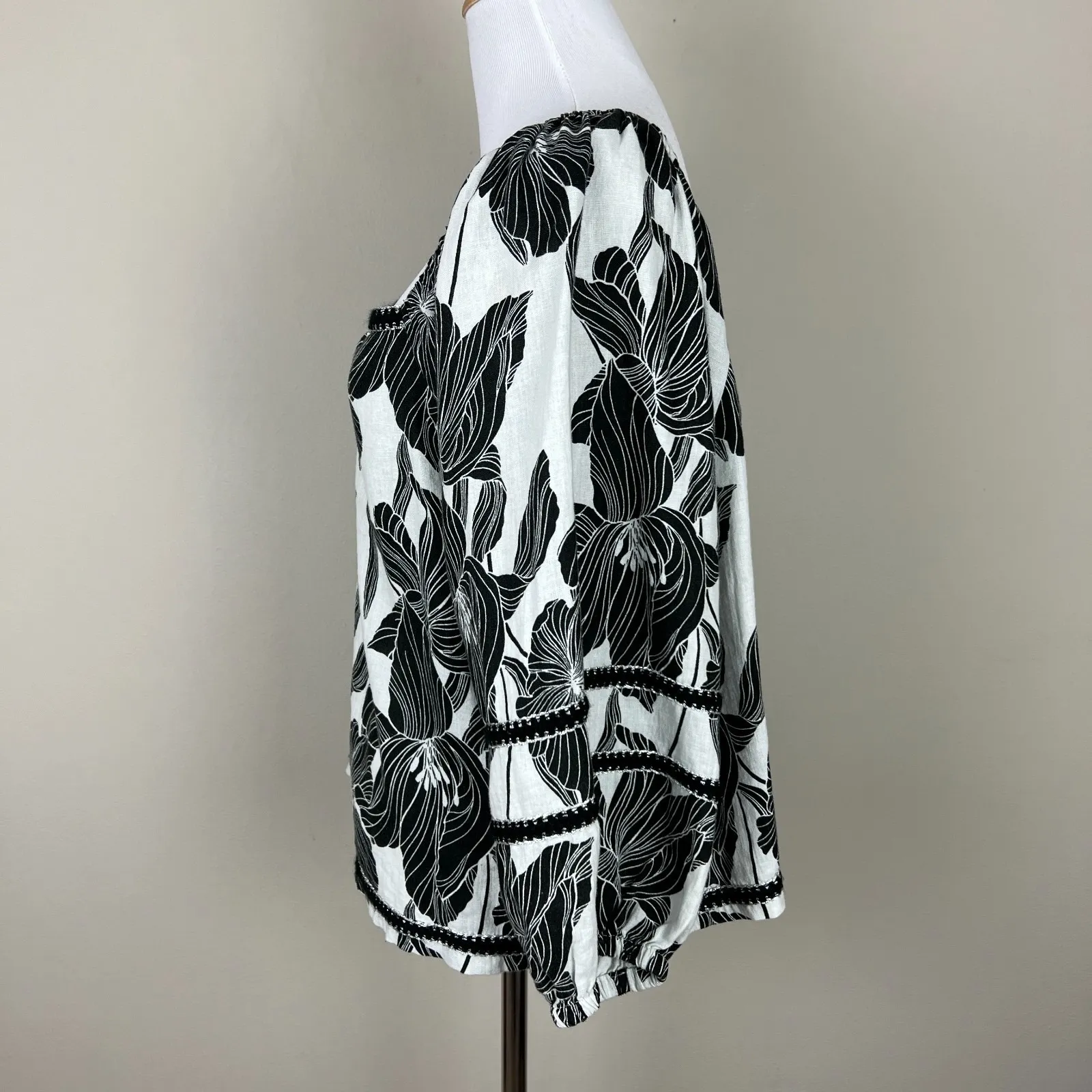 Tahari Top XL 100%‎ Linen Black White Floral Square Neck Embroidered Coastal New - Image 7