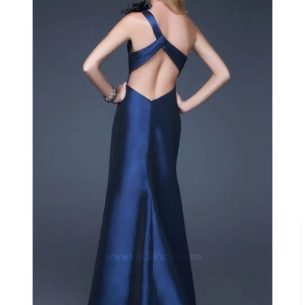 Thumbnail Filmstrip of GiGi Navy One Shoulder Prom Dress with Flower by La Femme - Image 2