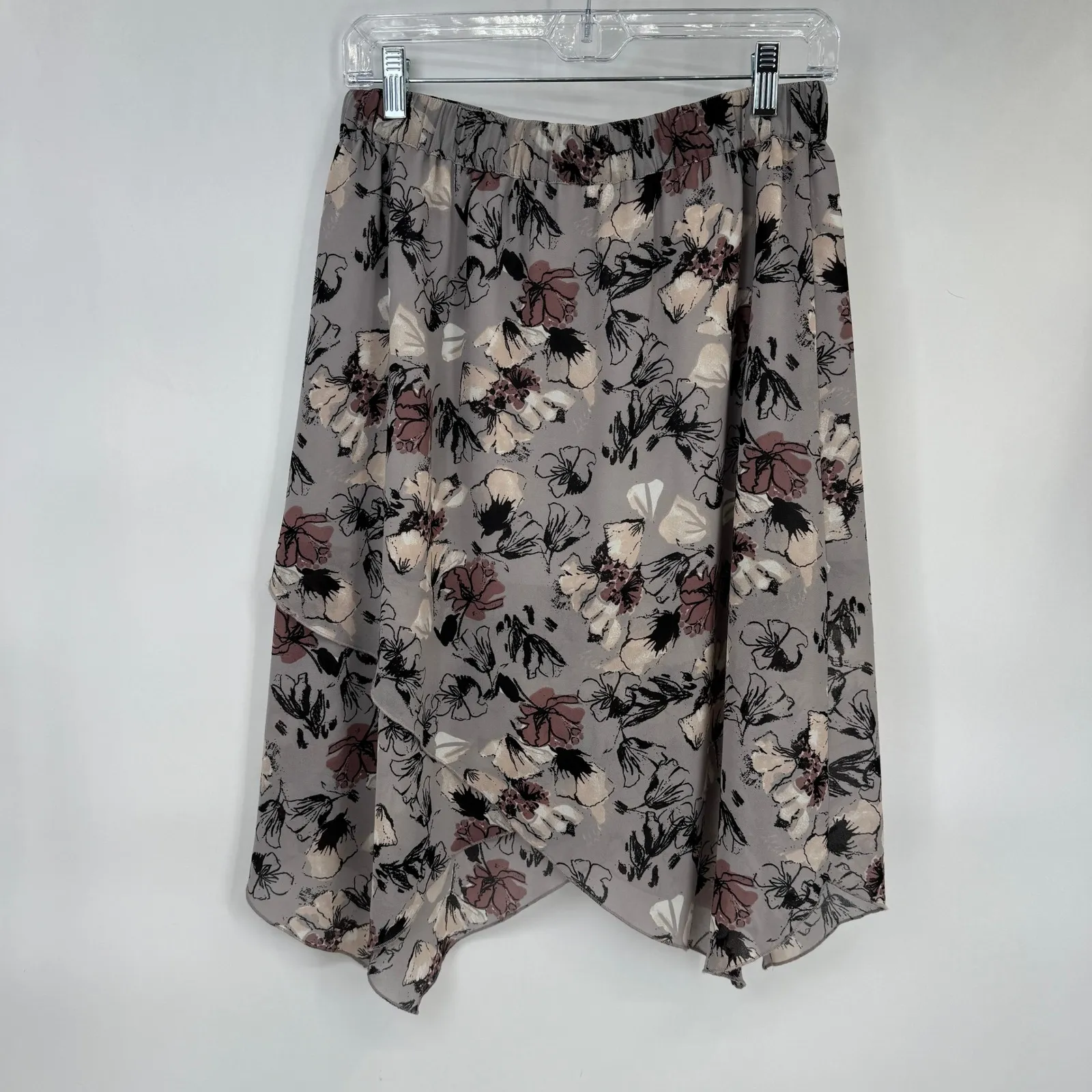 Leith Asymmetrical Hem Midi Skirt Womens S Grey Floral Elastic Waist Polyester - Image 5