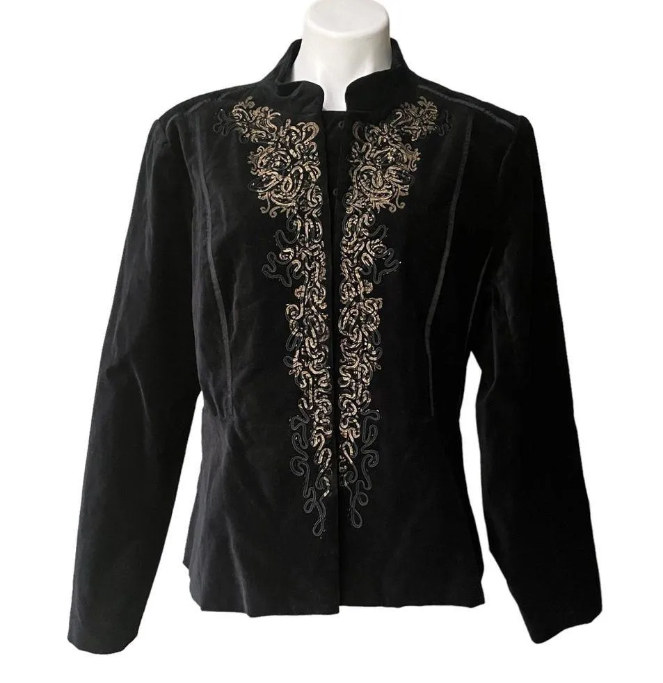 Reba Mandarin Collar Velvet Dress Jacket Blazer Black Gold, XL - Image 2