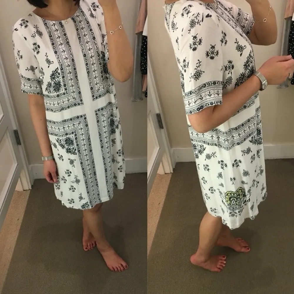 Ann Taylor LOFT White & Blue Floral Tile Print Midi Shirt Dress – Size S - Image 2