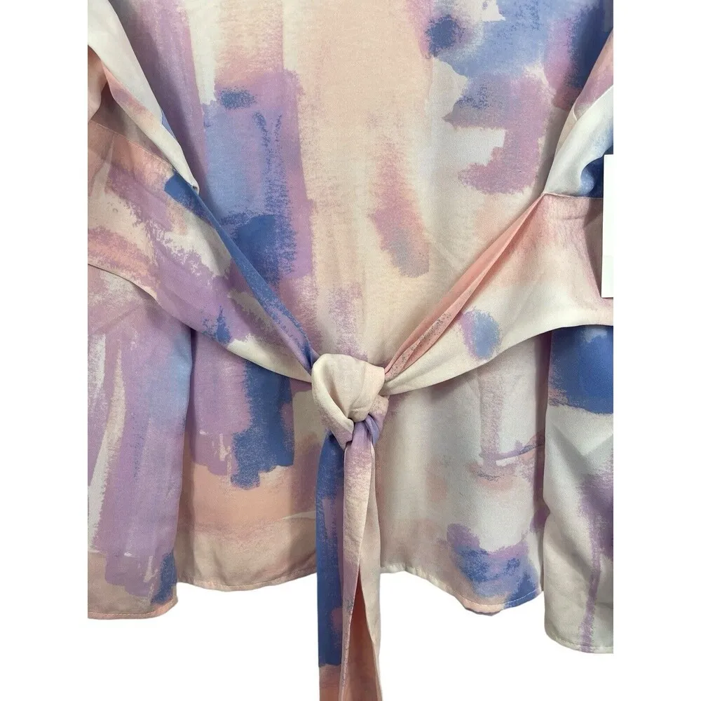 Evri Long Sleeve Semi Sheer Pink Blue Paint Look Tie Waist V - Image 5
