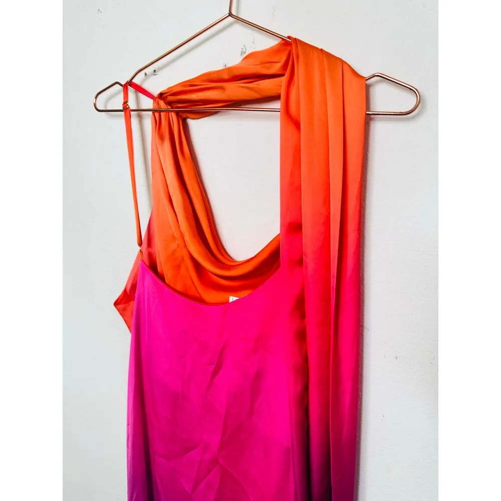 BAOBAB Orange Pink Purple Satin Shift Open Back One Shoulder Ombre Ari Gown L Size L - Image 11