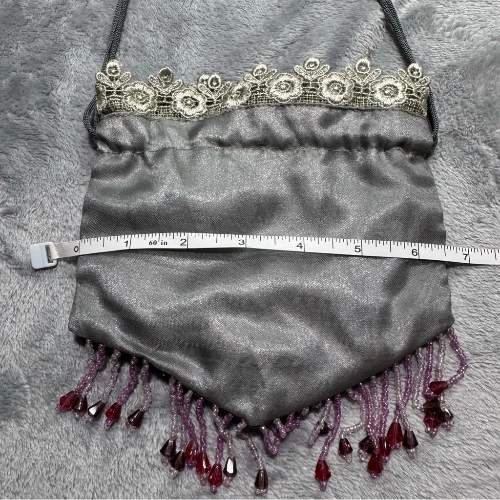 Christian Livingston Collection Embroidered Beaded Drawstring Pouch Purse Silver - Image 9