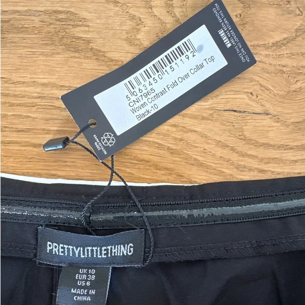 PrettyLittleThing - Woven Contrast Fold Over Collar Top in Black and White - Image 2