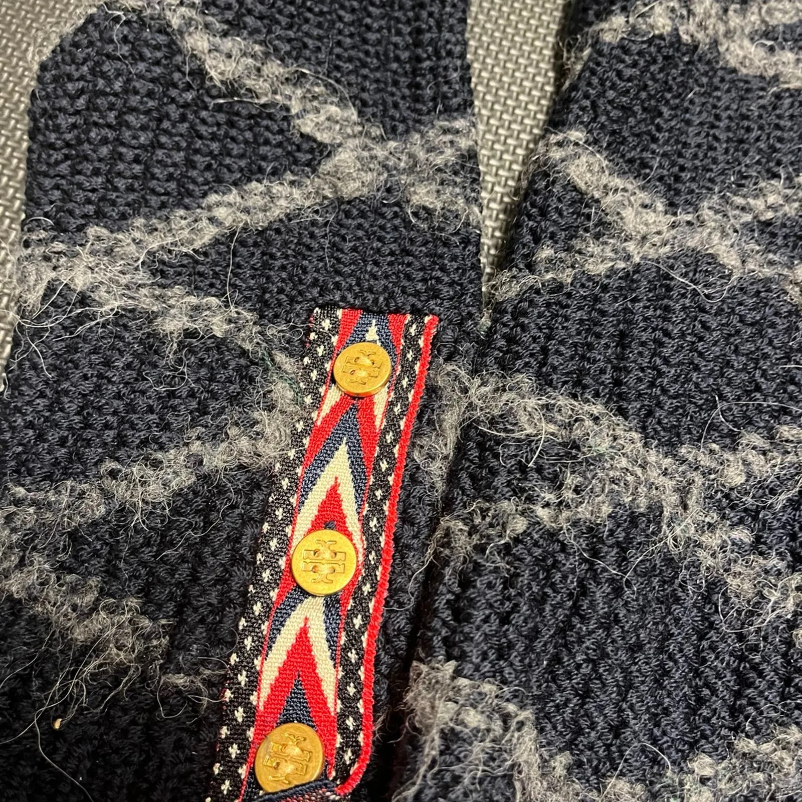 Tory Burch Tweed Trim Cardigan Sweater Coat Blue Red Gold‎ Womens size small - Image 10