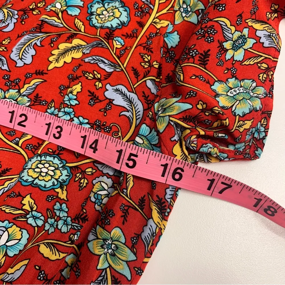 Prairie style dress small cottagecore floral print dress vneck tie waist Red - Image 9