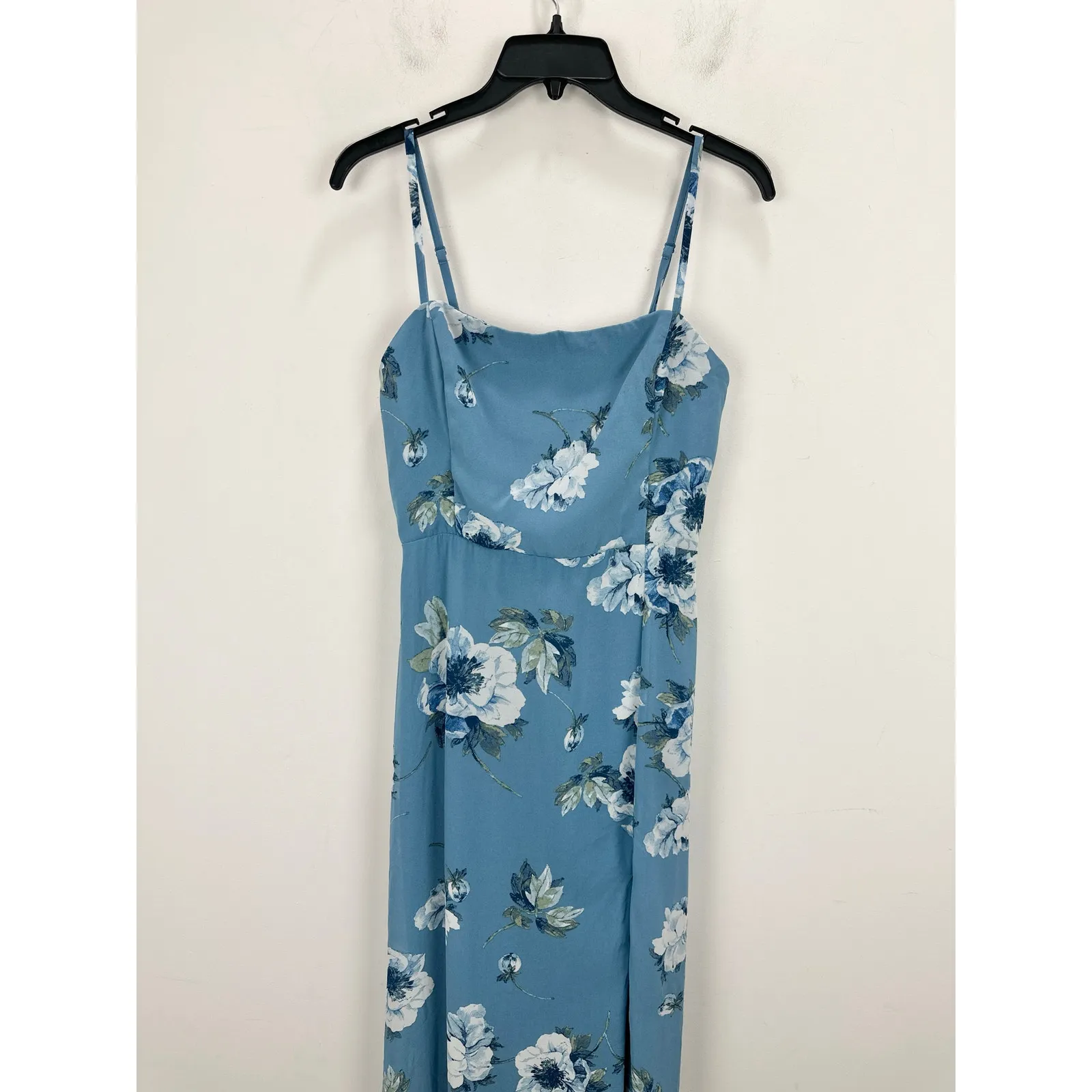 NEW Lulus Feeling Elegant Slate Blue Floral Print Lace Up Slit Maxi Dress Medium - Image 9