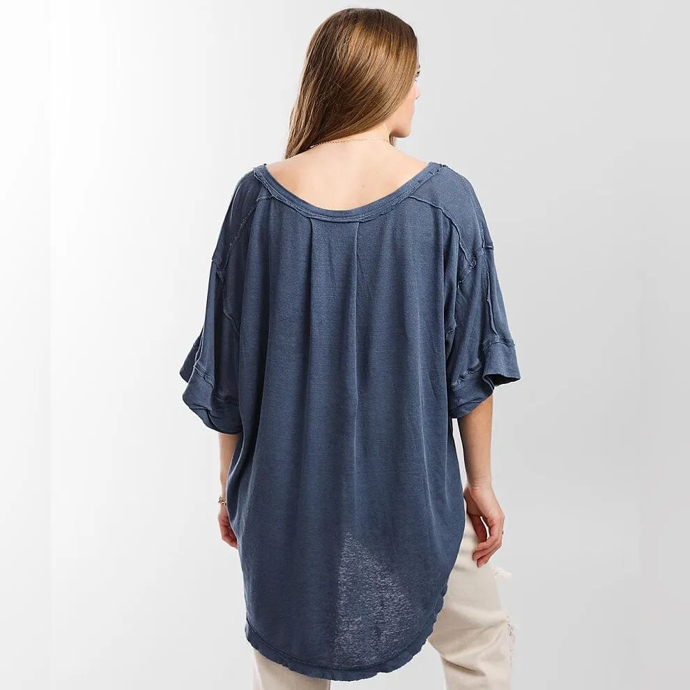Free People We The Free Blue Heritage Henley T-Shirt Linen Blend Size Large - Image 4