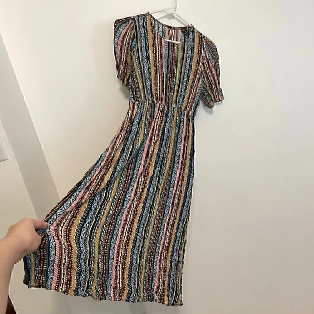 EMERY ROSE SHEIN Striped Puff Sleeve Dress White Black Multi Geometric Boho Midi - Image 9