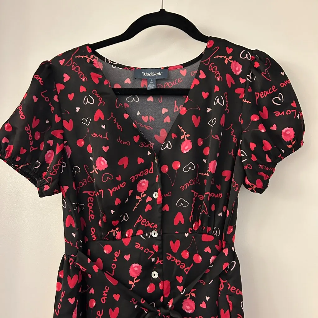 Modcloth Peace and Love Heart Cherry Button Down A-Line Dress Size S - Image 6