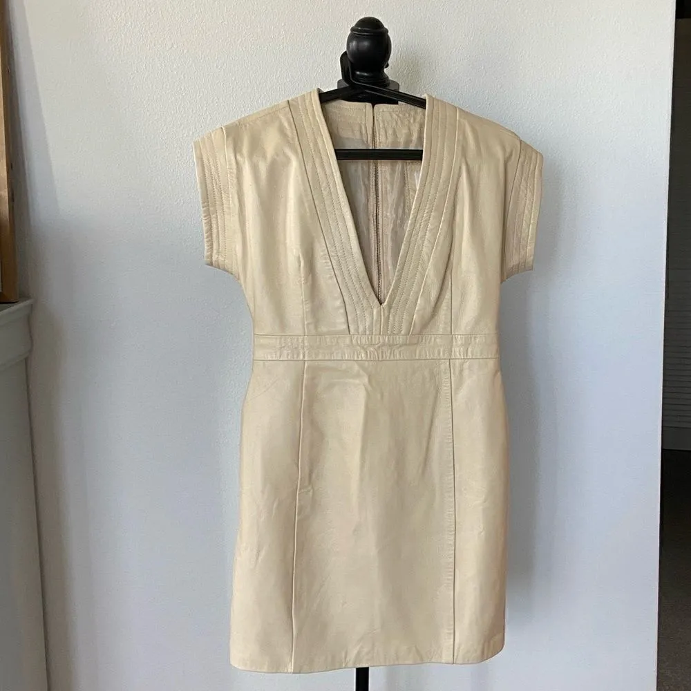 Leather Exotica 100% leather dress deep V neck, cream White Size XS - Image 2