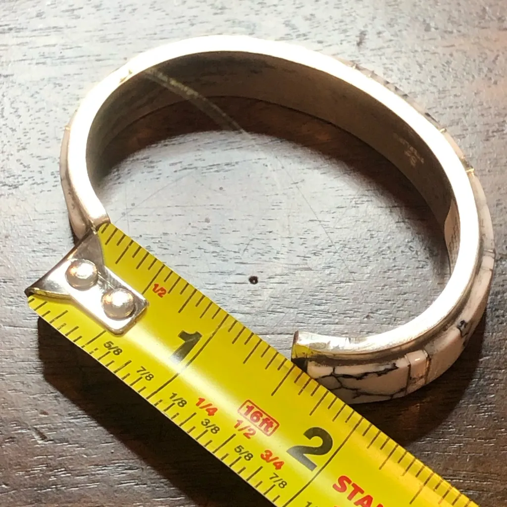 WHITE BUFFALO Sterling Silver Mosaic Inlay Navajo Native American Tapered Cuff - Image 10