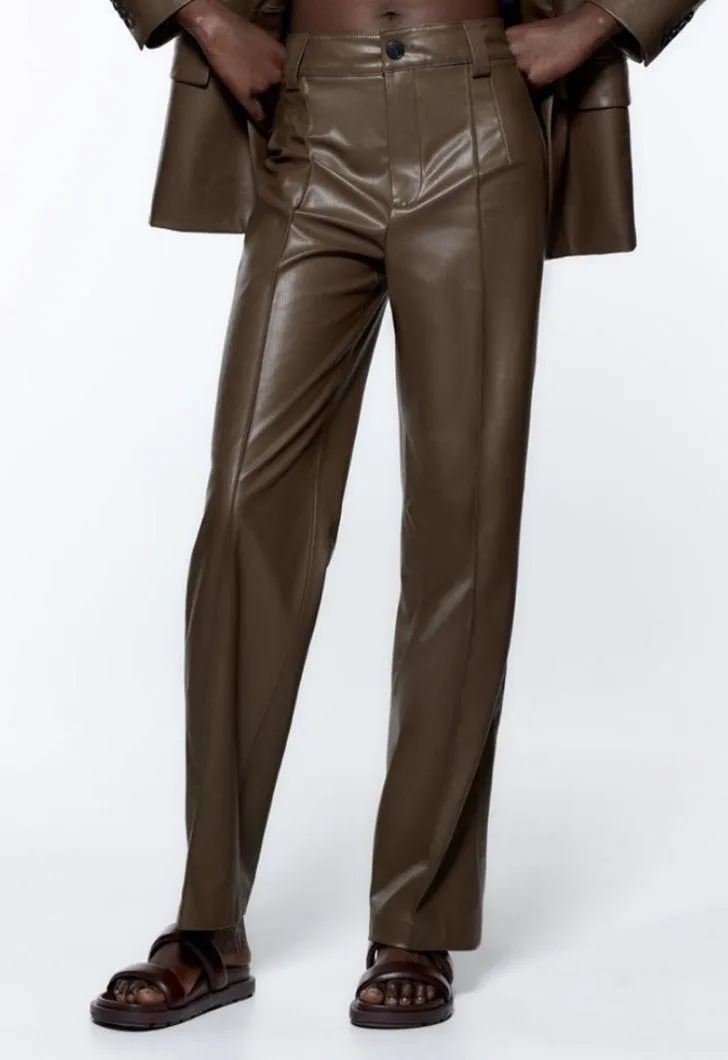 ZARA  High Waist Straight Leg Brown Faux Leather Pants - Image 2