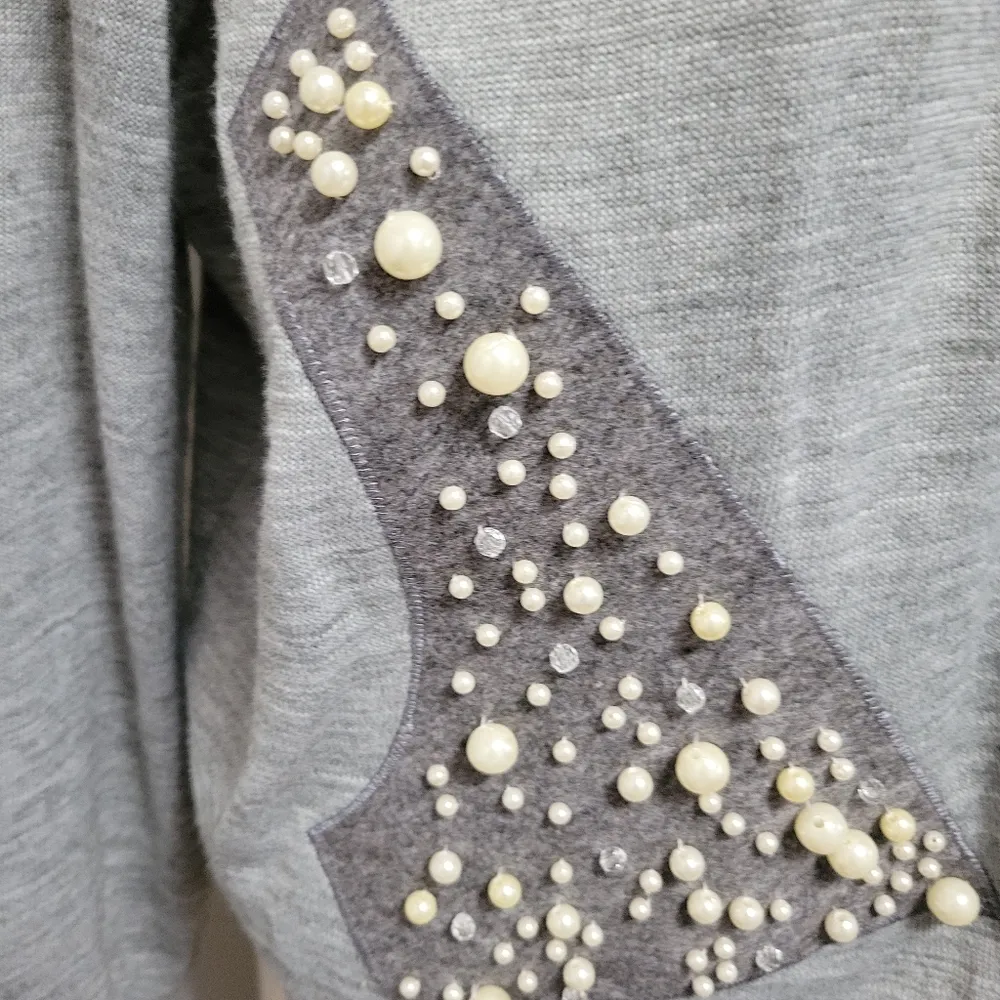 Spiegel gray pearl embellished open front wool blend cardigan size large - Image 2