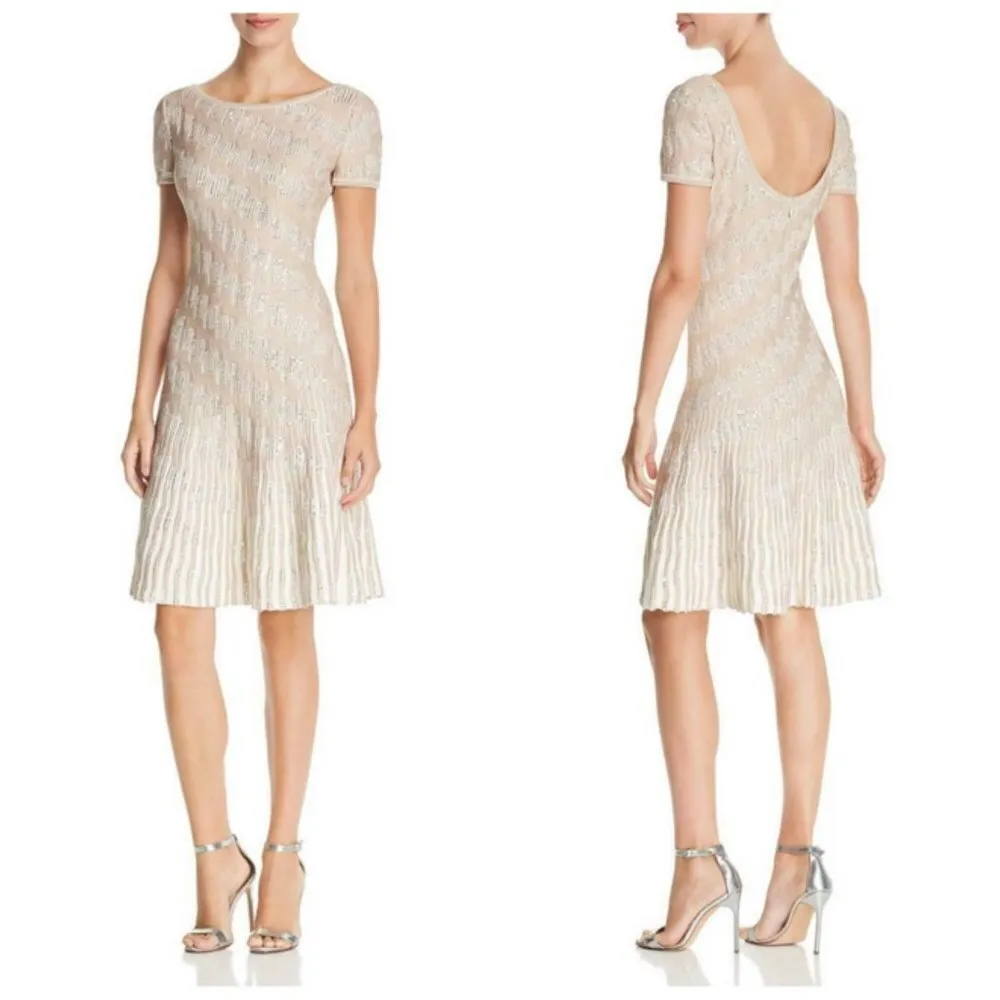 ST JOHN Inlay Sequin Trellis Knit Fit & Flare Dress Cream Metallic Gold 14 NWOT - Image 4