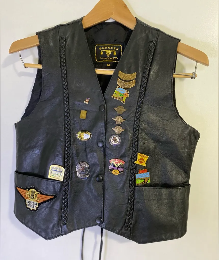 Barney’s Leather Biker Vest – Women’s Size M Black Patch Harley Motorcycle Style - Image 1