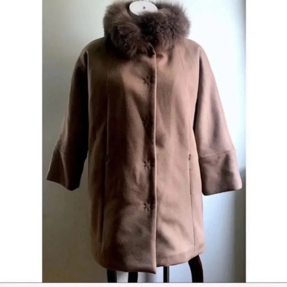 Gimo's Camel Tan Wool Cashmere Coat Fox Fur Trim Water Repellent Jacket Sz 40 - Image 3