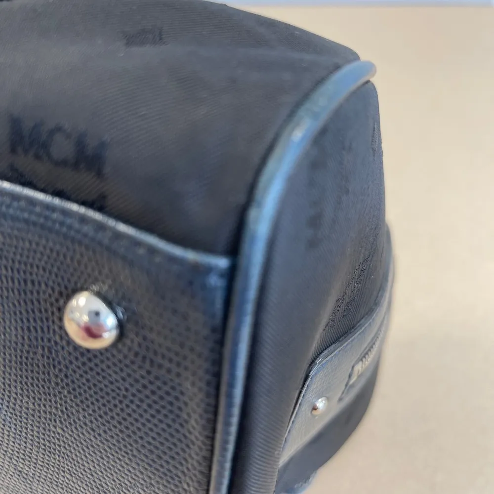 MCM Navy Leather and Black Canvas Boston Handbag w/ Silver Hardware - Preloved - Image 11