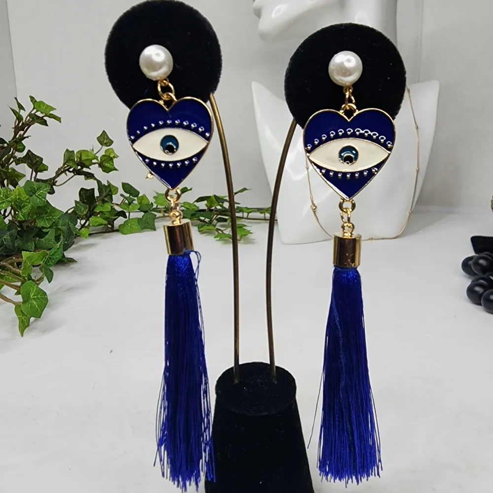 Navy Blue Evil Eye Tassel Earrings - Image 2