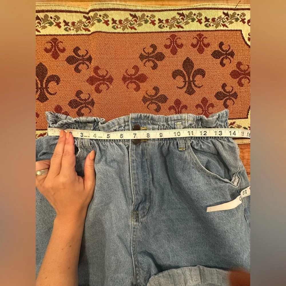 EUC Plain& Plaid Denim Paper Bag Blue Jean Denim Cuffed Shorts elastic waist Size XL - Image 4