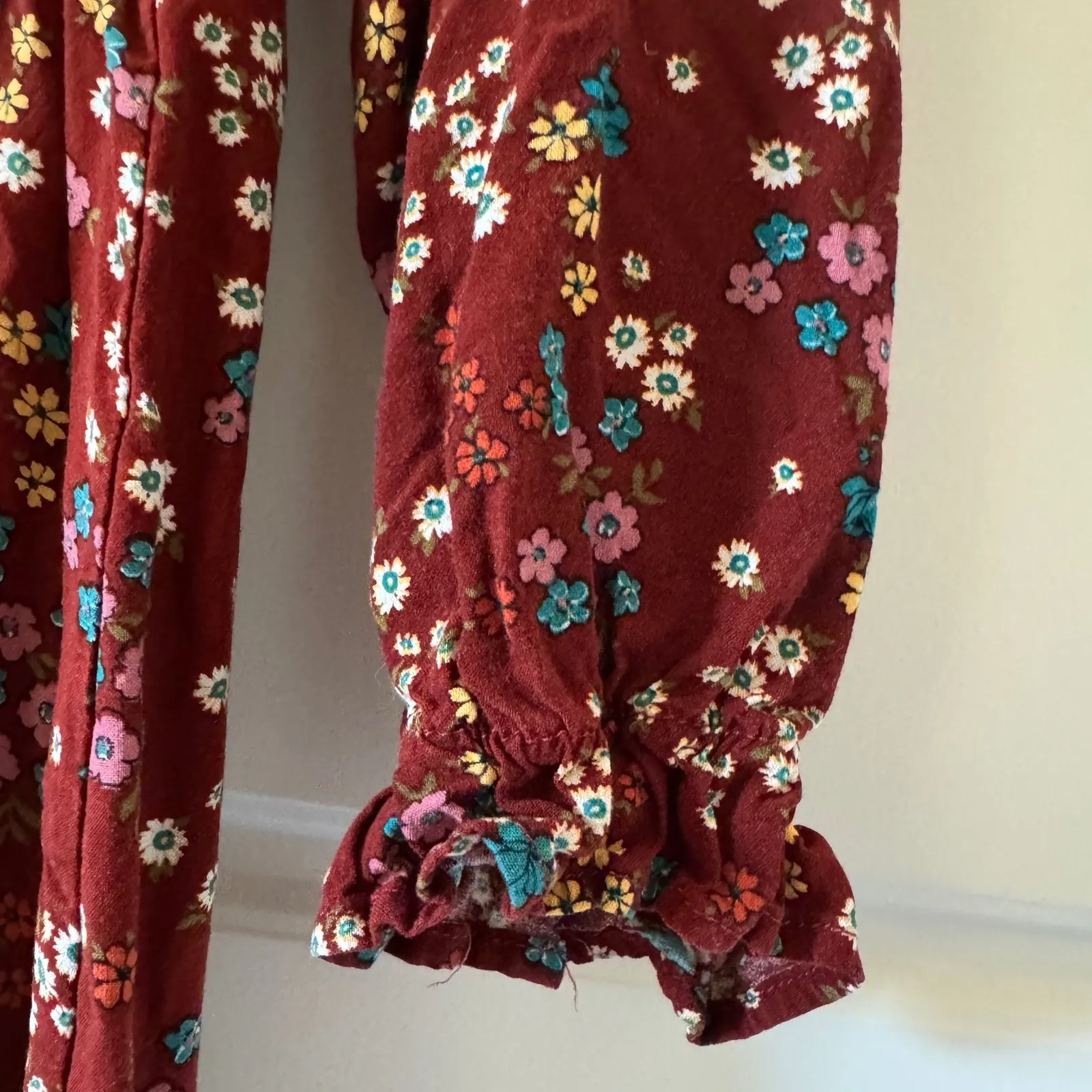 3rd + Malt sz XL Womens Red Floral Long Sleeve Tie Ruched Mini Dress Boho Dainty - Image 11