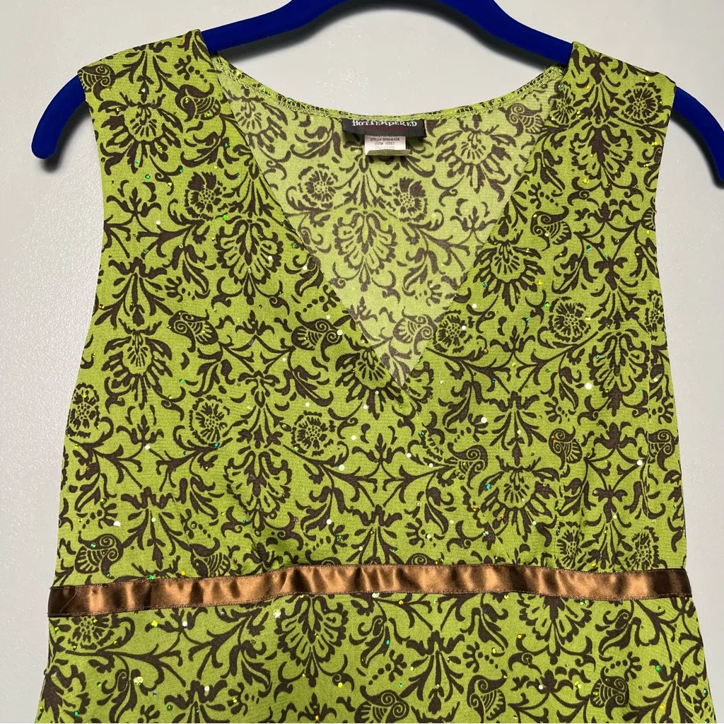 Vintage Y2K Hot Tempered Damask Green Sparkle Going Out Babydoll Top Size L - Image 3