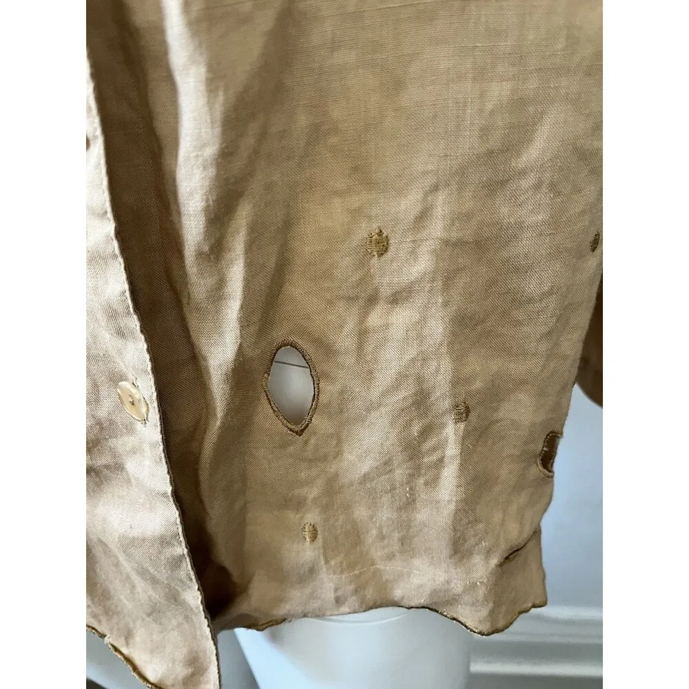 Lino USA Womens Linen Blazer Jacket Size XL Beige 3/4 Sleeve Cut Out Lace Button - Image 5