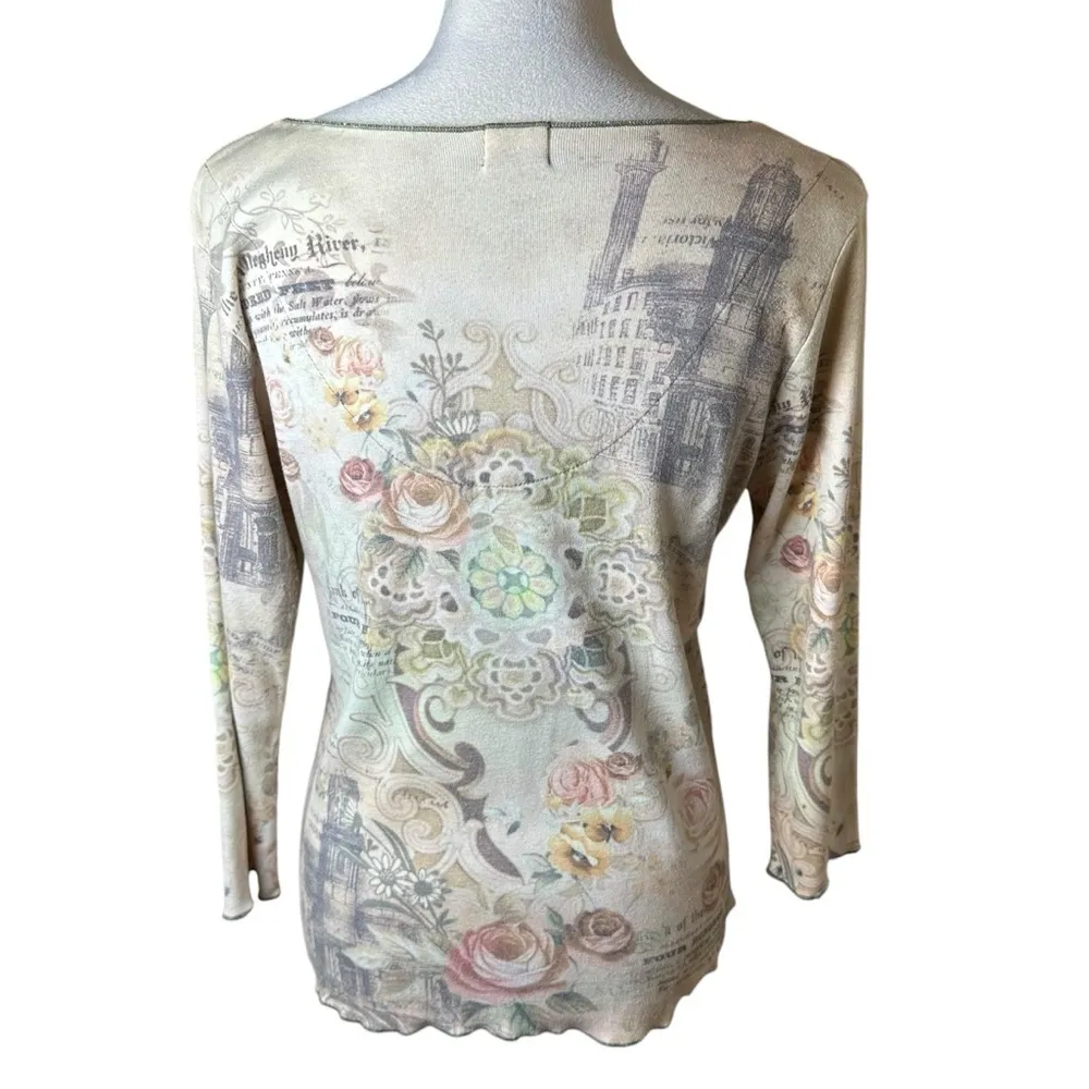 Y2K Vintage One World Floral Rhinestone Embellished Cotton Blend USA Made Blouse - Image 6