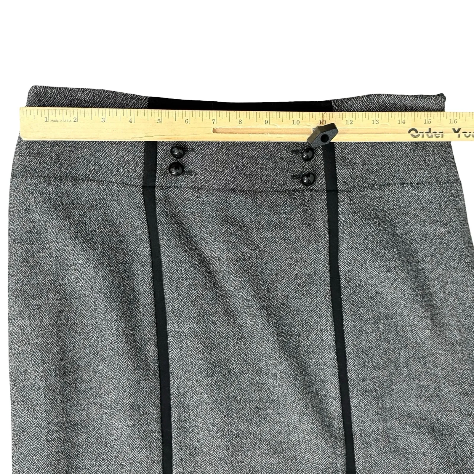 Alberto Makali Black Herringbone A-Line Pleated Button Detail Midi Skirt Size 14 - Image 2