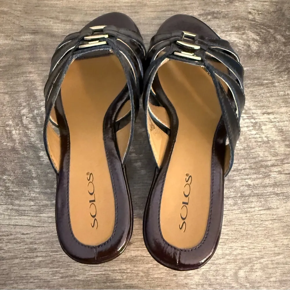 Solos Avalon Slip On Wedge Sandals Shoes Leather Upper Size 8W Dark Brown Patent - Image 6